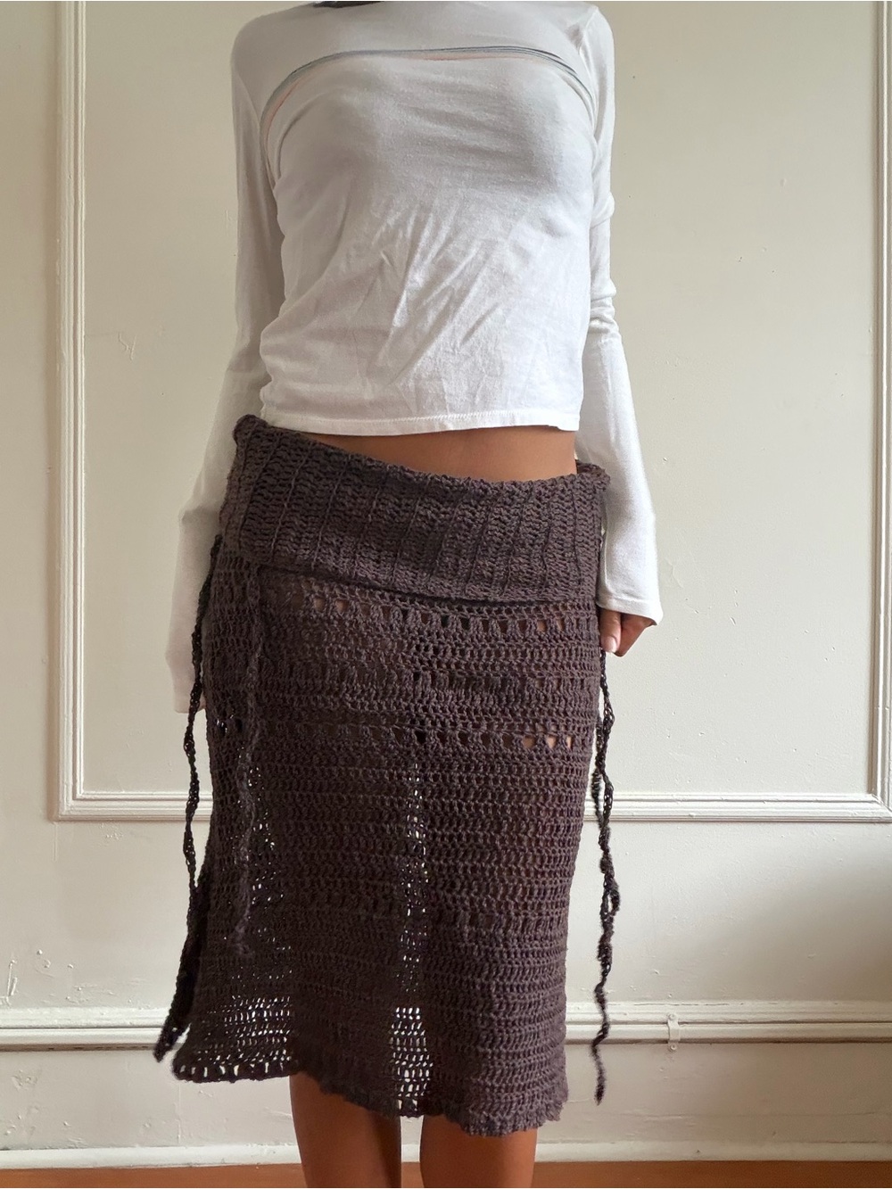 Brown Crochet Knit Midi Skirt